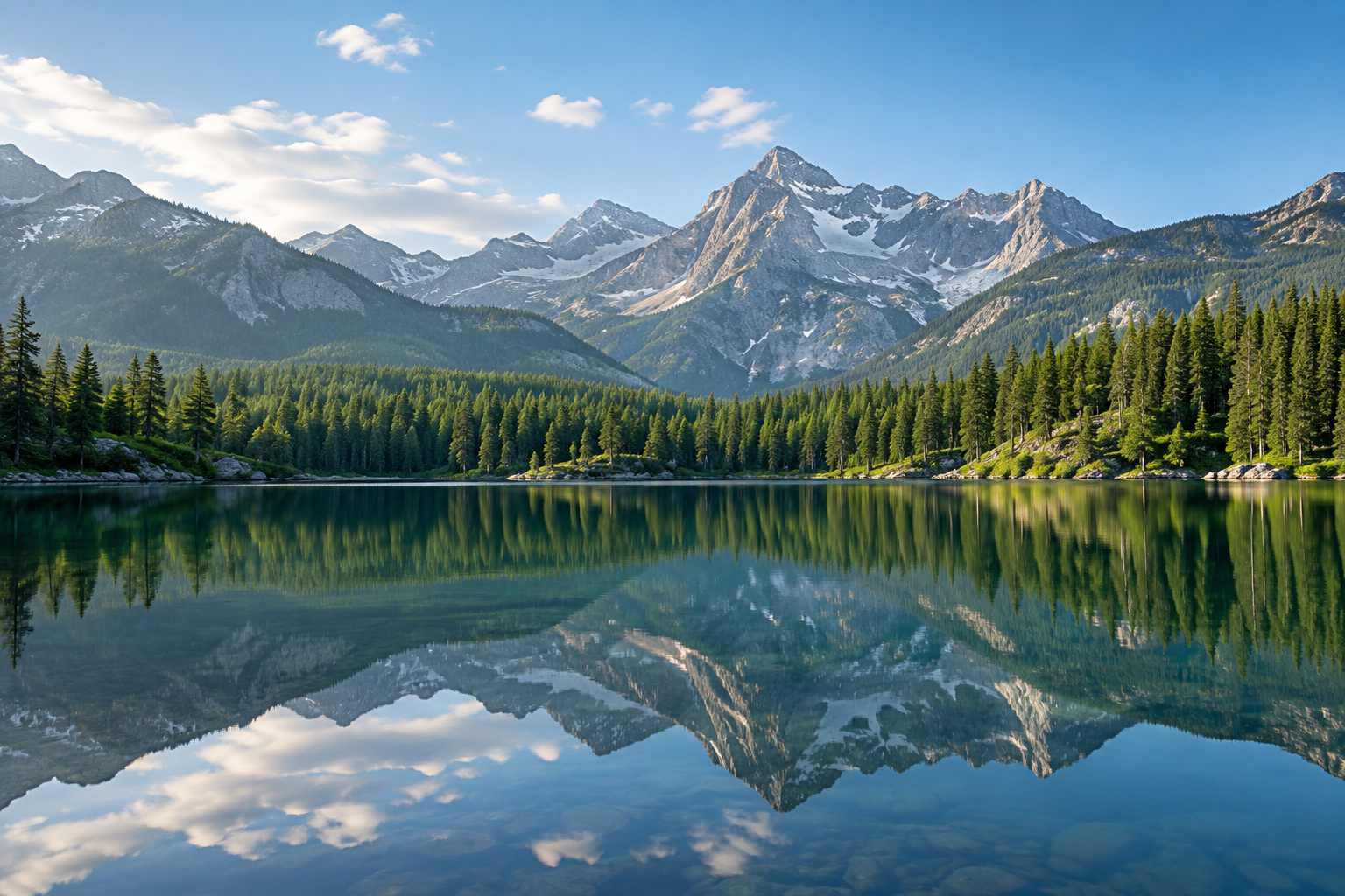 Alpine lake reflecting alpine pine trees and mountains