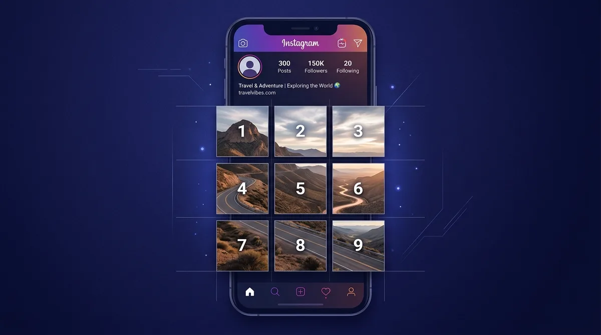 Illustration showing an Instagram profile grid split into 9 tiles with a panoramic photo sliced across numbered 1 to 9 blocks