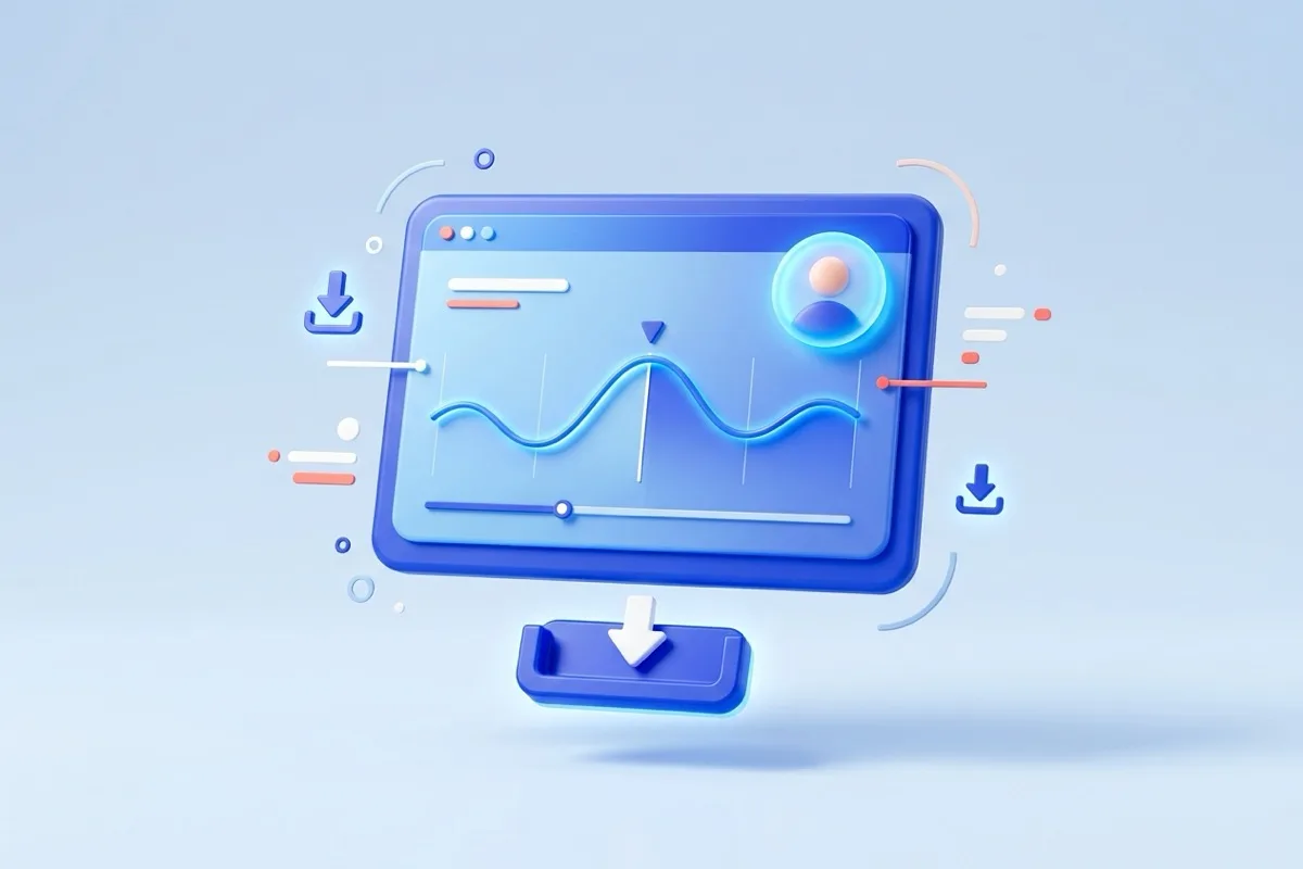 Tactile 3D illustration of a floating screen recording card with audio waveform and download tray