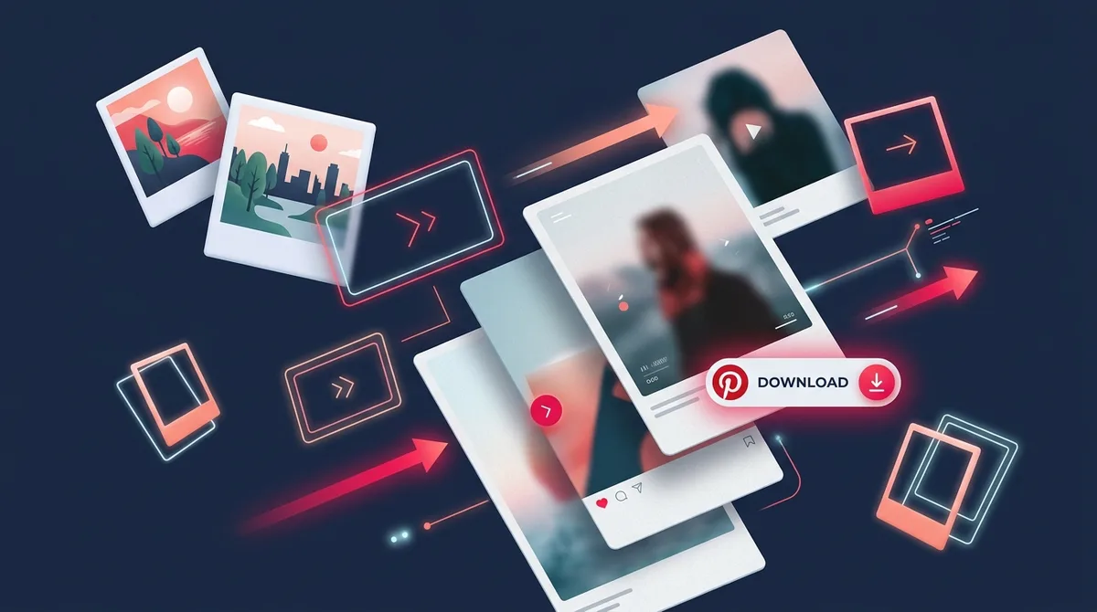 Illustration of high-resolution aesthetic photography cards and animated GIF frames with a Pinterest download badge