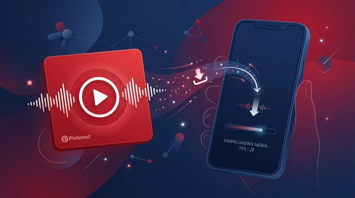 Illustration of a Pinterest red video card with audio waveforms streaming into a smartphone