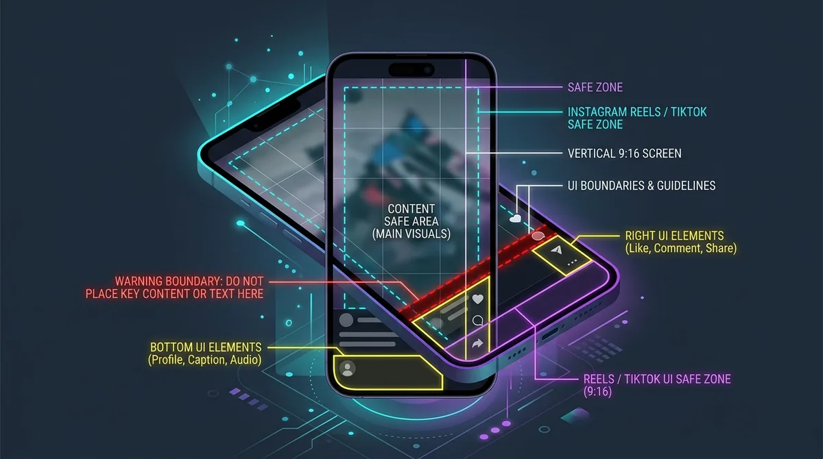 Illustration of a vertical 9:16 smartphone screen showing Reels and TikTok UI safe zones with overlaid guidelines and warning boundaries