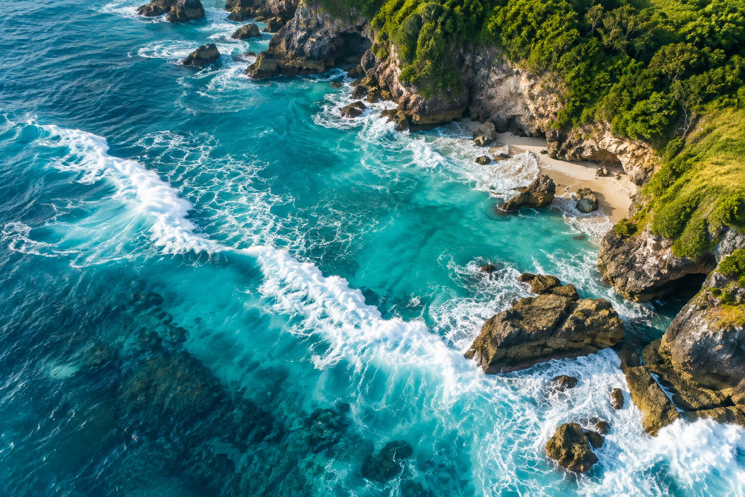 Turquoise ocean waves along scenic rocky coastline